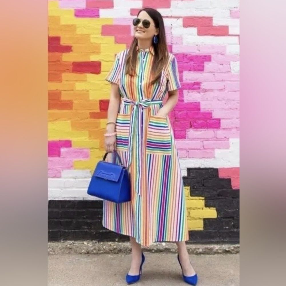 NEW Christopher John Rogers Target Womenโs Sz 0 Rainbow Stripe Button Up Dress